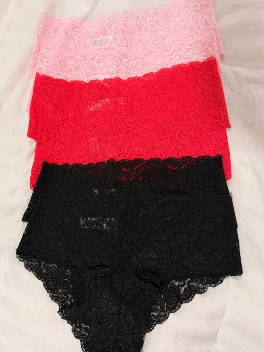 QUINCE STRETCH LACE CHEEKY THONGS-- Lace Panty SIX PACK - Pink Red Black XL
